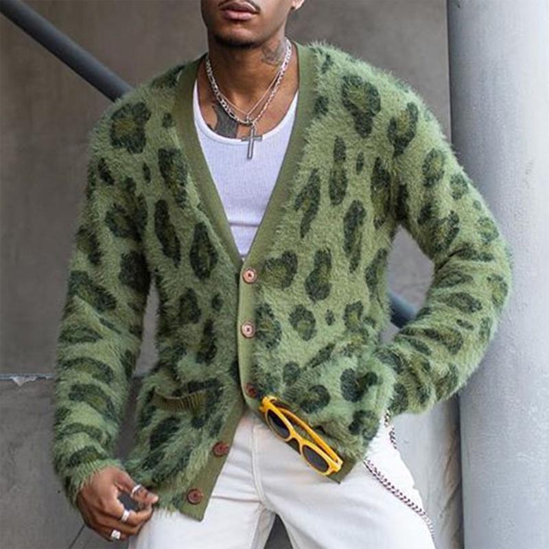 Men's Vintage Leopard V-Neck Single-Breasted Cardigan 03568715Y - Threadford