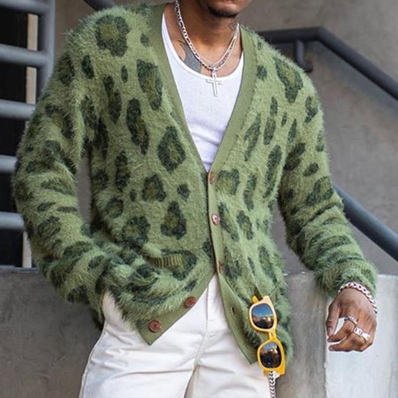 Men's Vintage Leopard V-Neck Single-Breasted Cardigan 03568715Y - Threadford