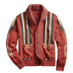 Men's Vintage Jacquard Lapel Single Breasted Long Sleeve Knit Cardigan 51482095M - Threadford