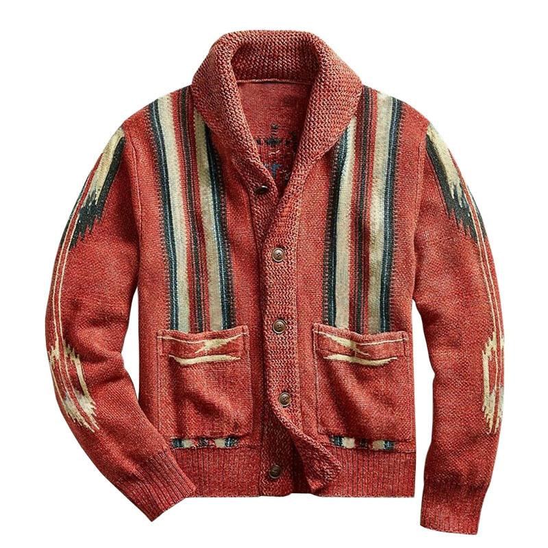 Men's Vintage Jacquard Lapel Single Breasted Long Sleeve Knit Cardigan 51482095M - Threadford