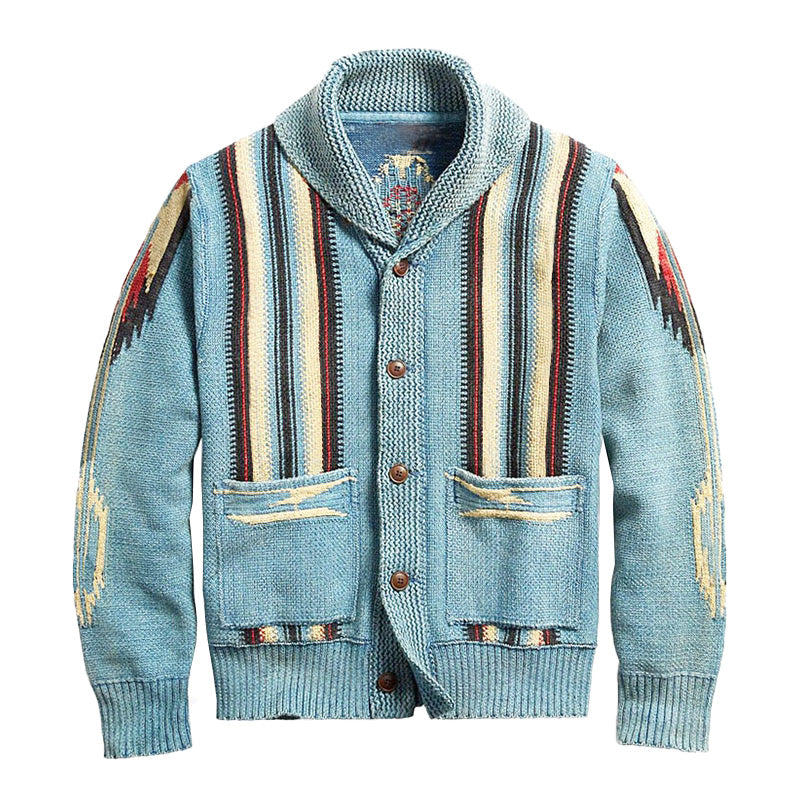 Men's Vintage Jacquard Lapel Single Breasted Long Sleeve Knit Cardigan 51482095M - Threadford