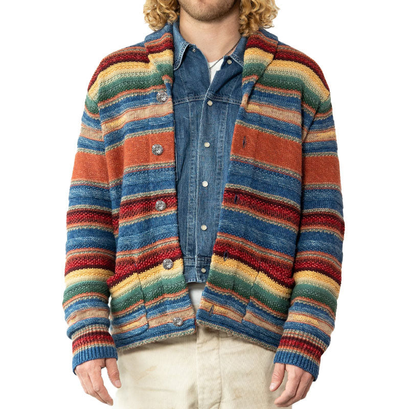 Men's Vintage Rainbow Colorblock Jacquard Lapel Cardigan 50270487Y - Threadford