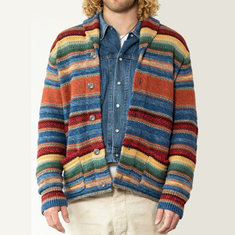 Men's Vintage Rainbow Colorblock Jacquard Lapel Cardigan 50270487Y - Threadford