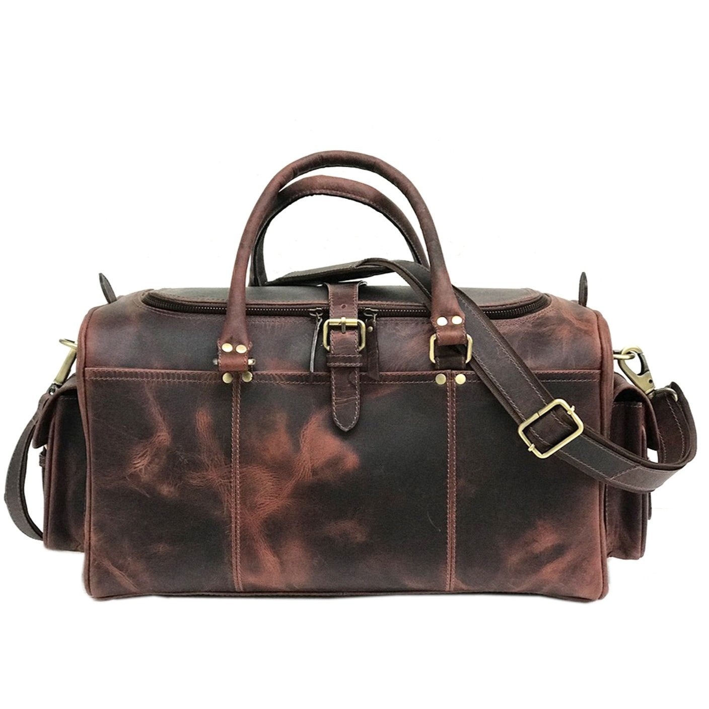 Dark Brown Leather Weekend Bag – Double Compartment Design - Threadford