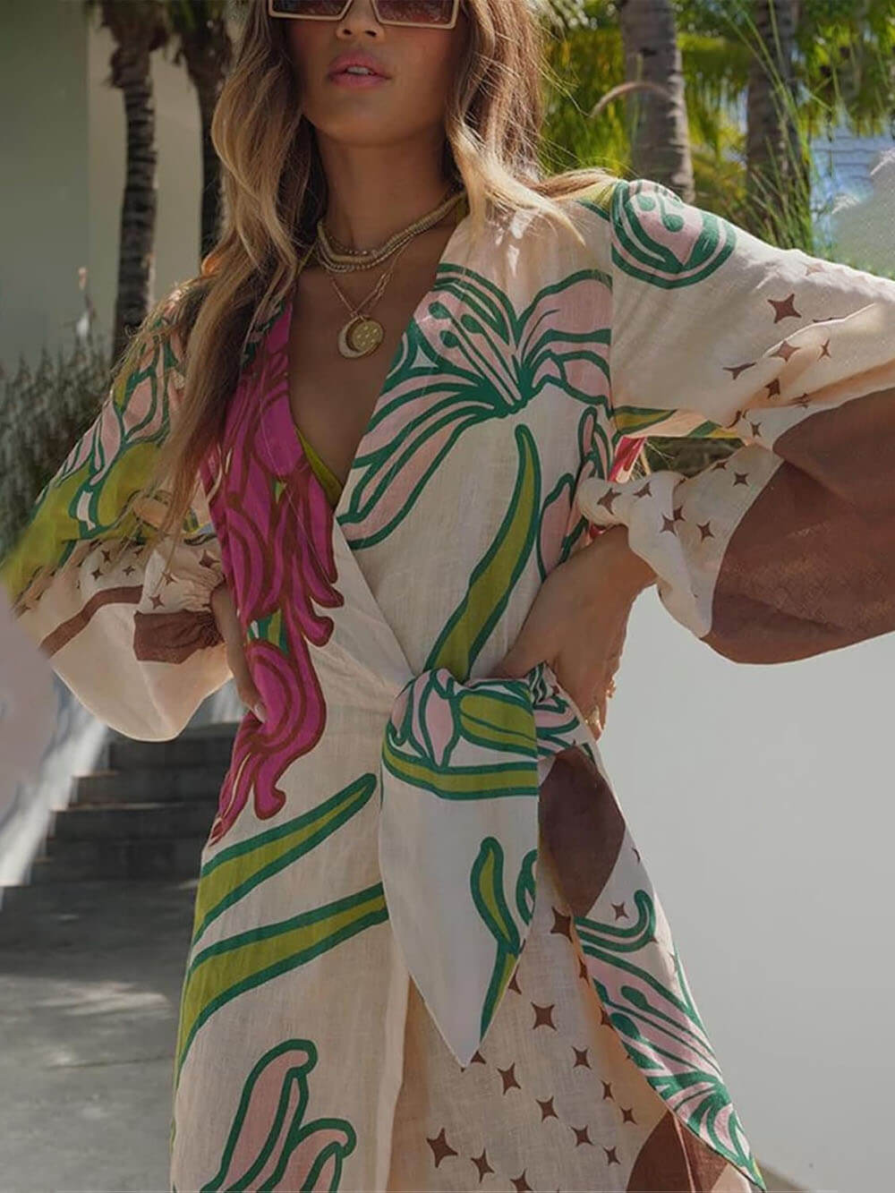 Elegant Linen Blend Unique Print Balloon Sleeve Tie-up Tunic Maxi Dress - Threadford