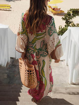 Elegant Linen Blend Unique Print Balloon Sleeve Tie-up Tunic Maxi Dress - Threadford