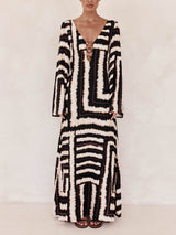 Bohemian Style Unique Printed V Tie Ring Maxi Dress - Threadford