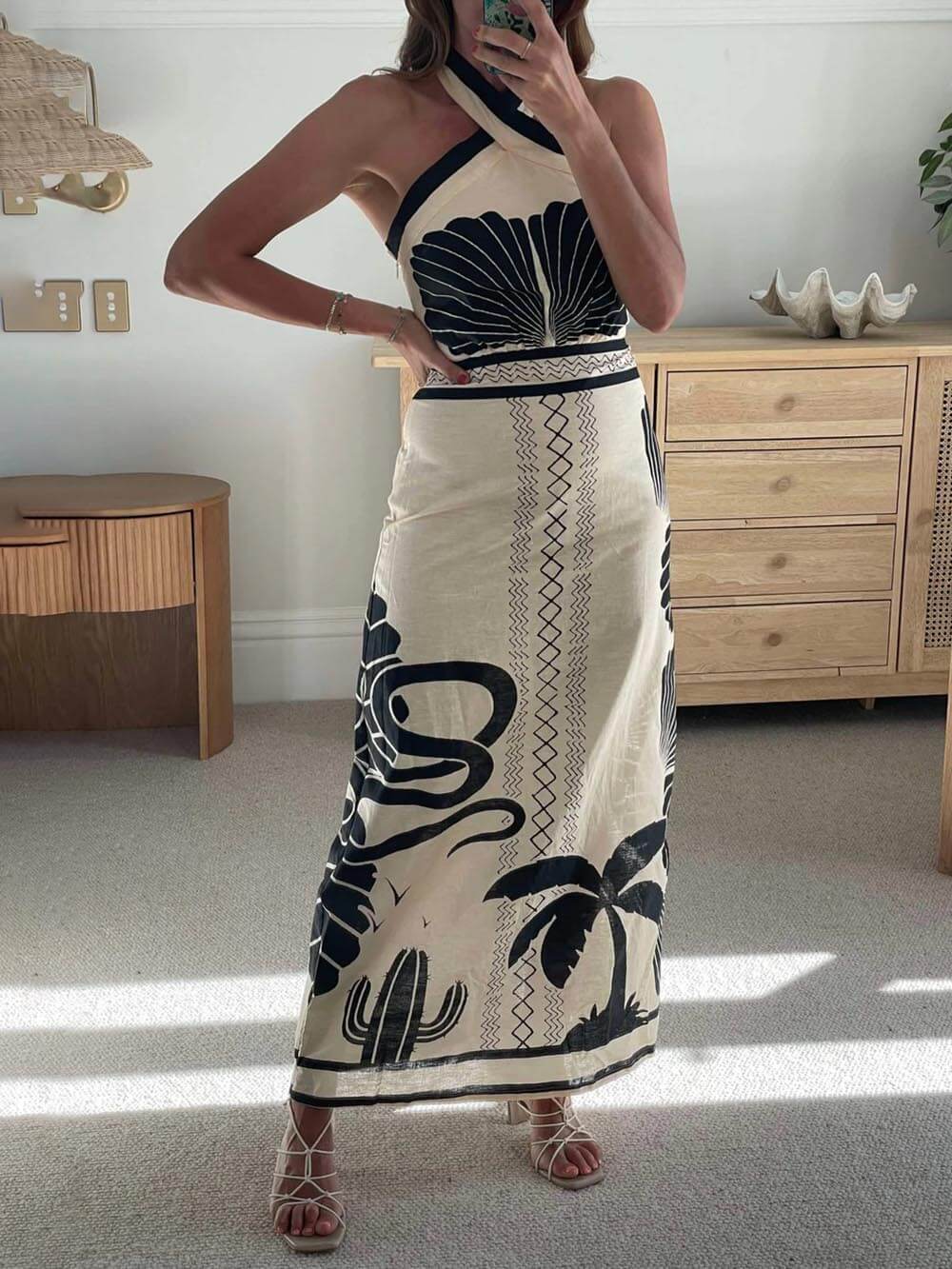 Elegant And Sexy Ethnic Print Slim-Fit Halter Neck Maxi Dress - Threadford