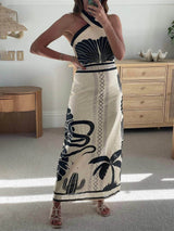 Elegant And Sexy Ethnic Print Slim-Fit Halter Neck Maxi Dress - Threadford