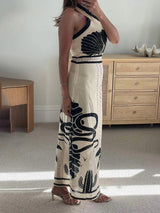 Elegant And Sexy Ethnic Print Slim-Fit Halter Neck Maxi Dress - Threadford