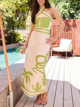 Elegant And Sexy Ethnic Print Slim-Fit Halter Neck Maxi Dress - Threadford