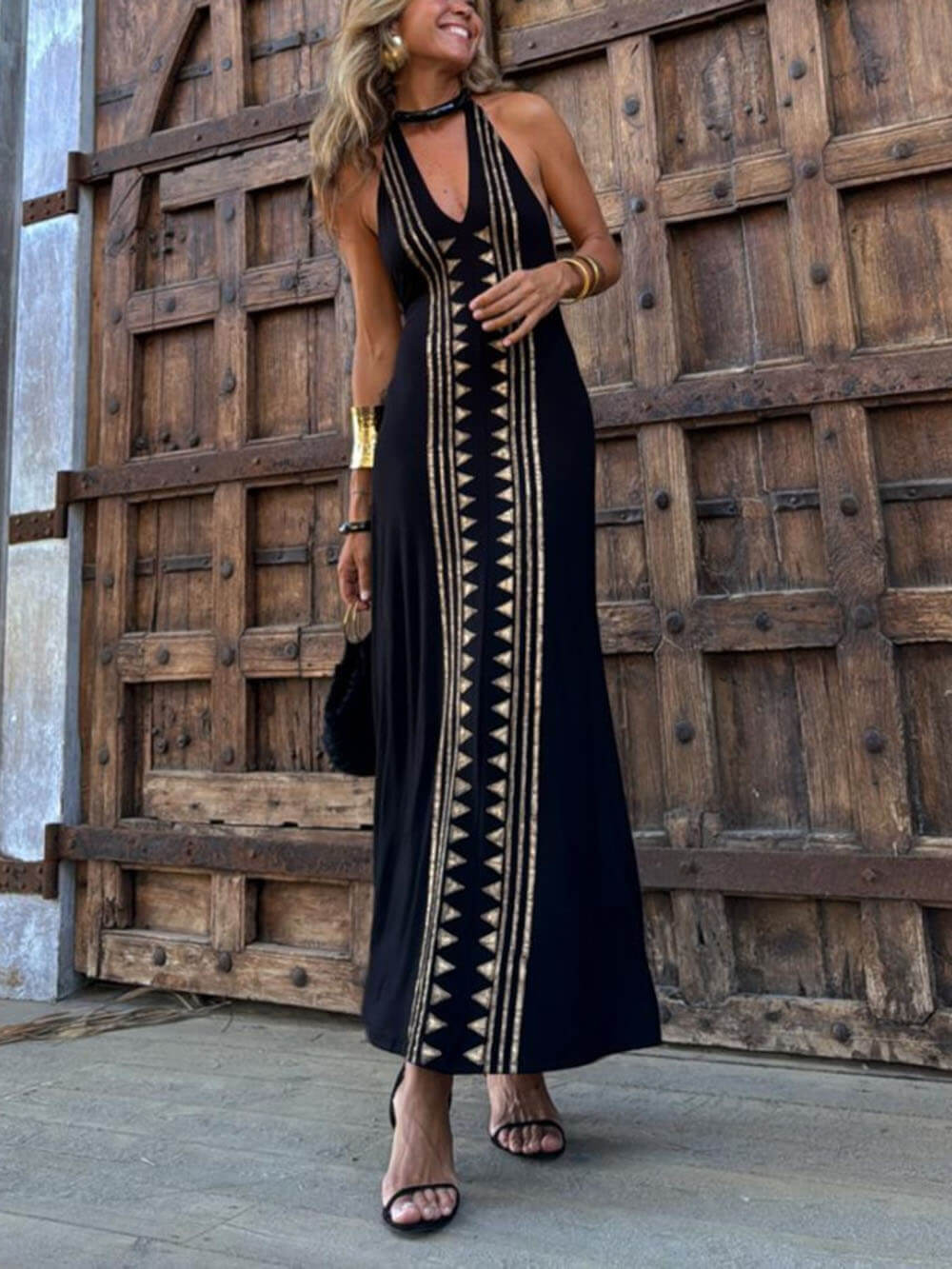 Unique Meret Gold Geometric Print Halter Backless Stretch Maxi Dress - Threadford