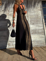 Unique Meret Gold Geometric Print Halter Backless Stretch Maxi Dress - Threadford