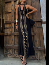 Unique Meret Gold Geometric Print Halter Backless Stretch Maxi Dress - Threadford