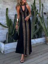 Unique Meret Gold Geometric Print Halter Backless Stretch Maxi Dress - Threadford