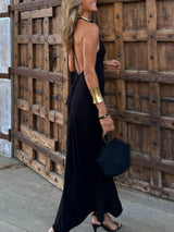 Unique Meret Gold Geometric Print Halter Backless Stretch Maxi Dress - Threadford