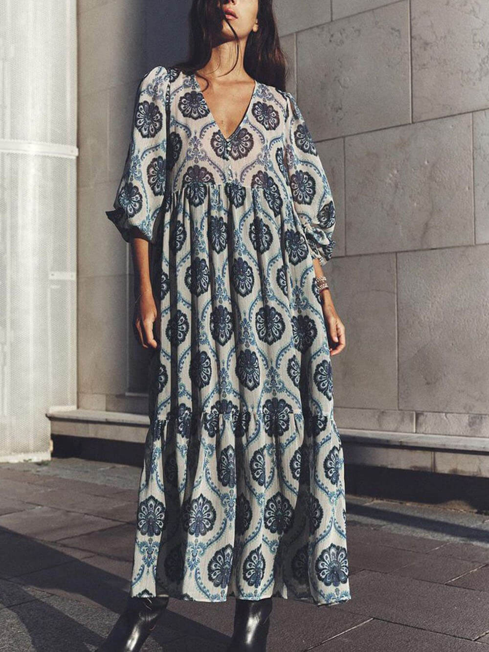 Classic And Unique Baroque Sheer Overlay Balloon Sleeve Maxi Dress - Threadford