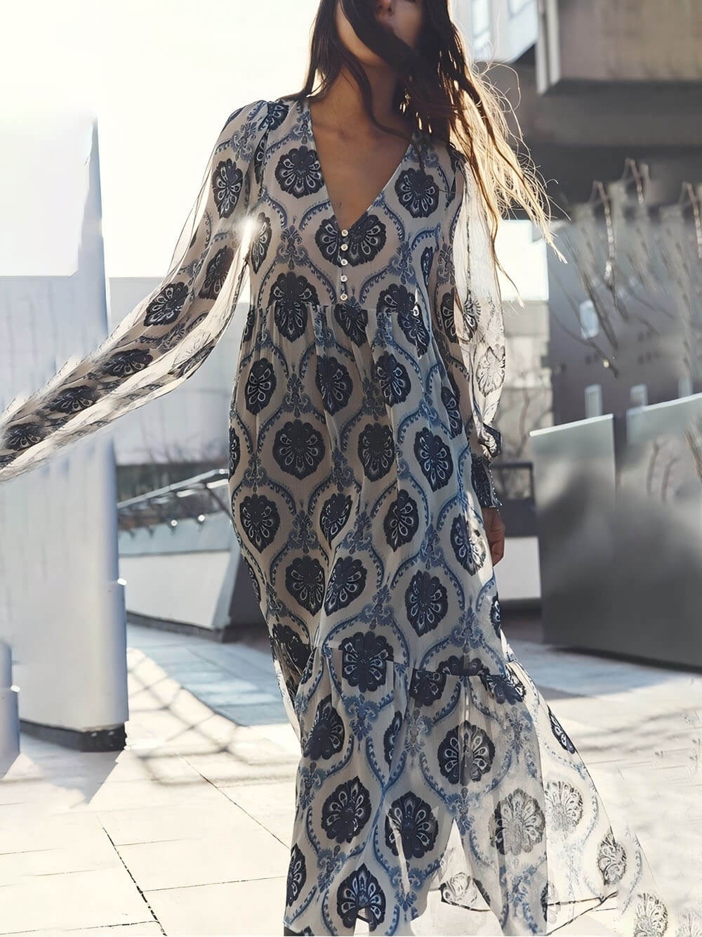 Classic And Unique Baroque Sheer Overlay Balloon Sleeve Maxi Dress - Threadford