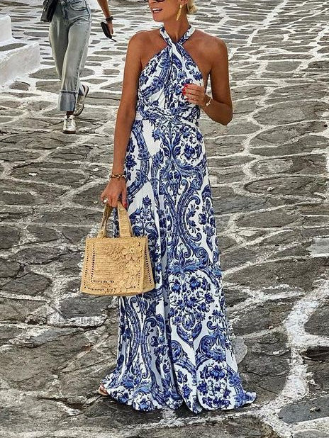 Delicate Floral Print Halterneck Maxi Dress - Threadford
