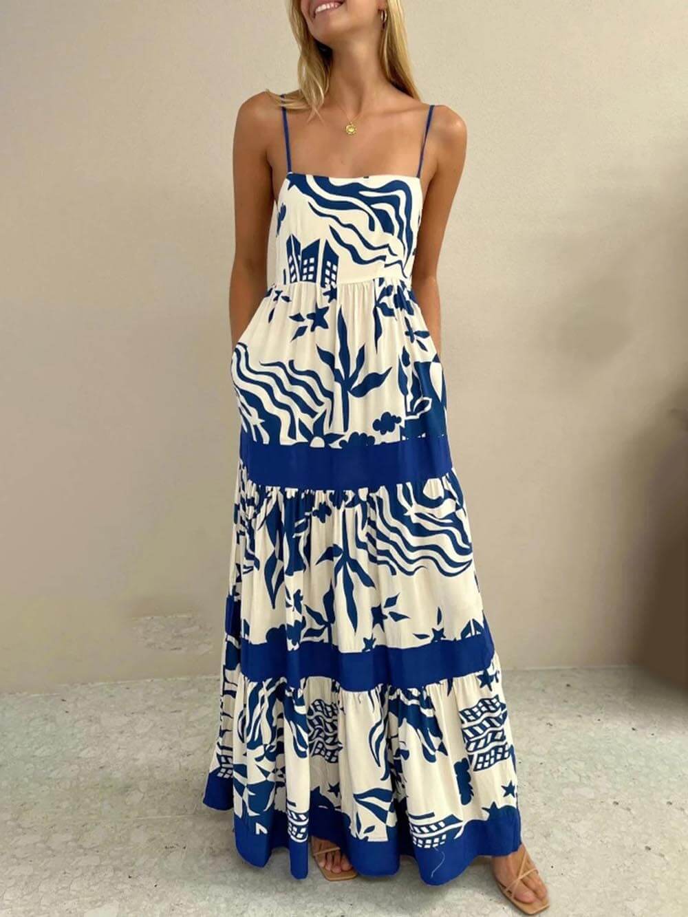 Elegant Ruffled With Floral Print Maxi Dress - Threadford