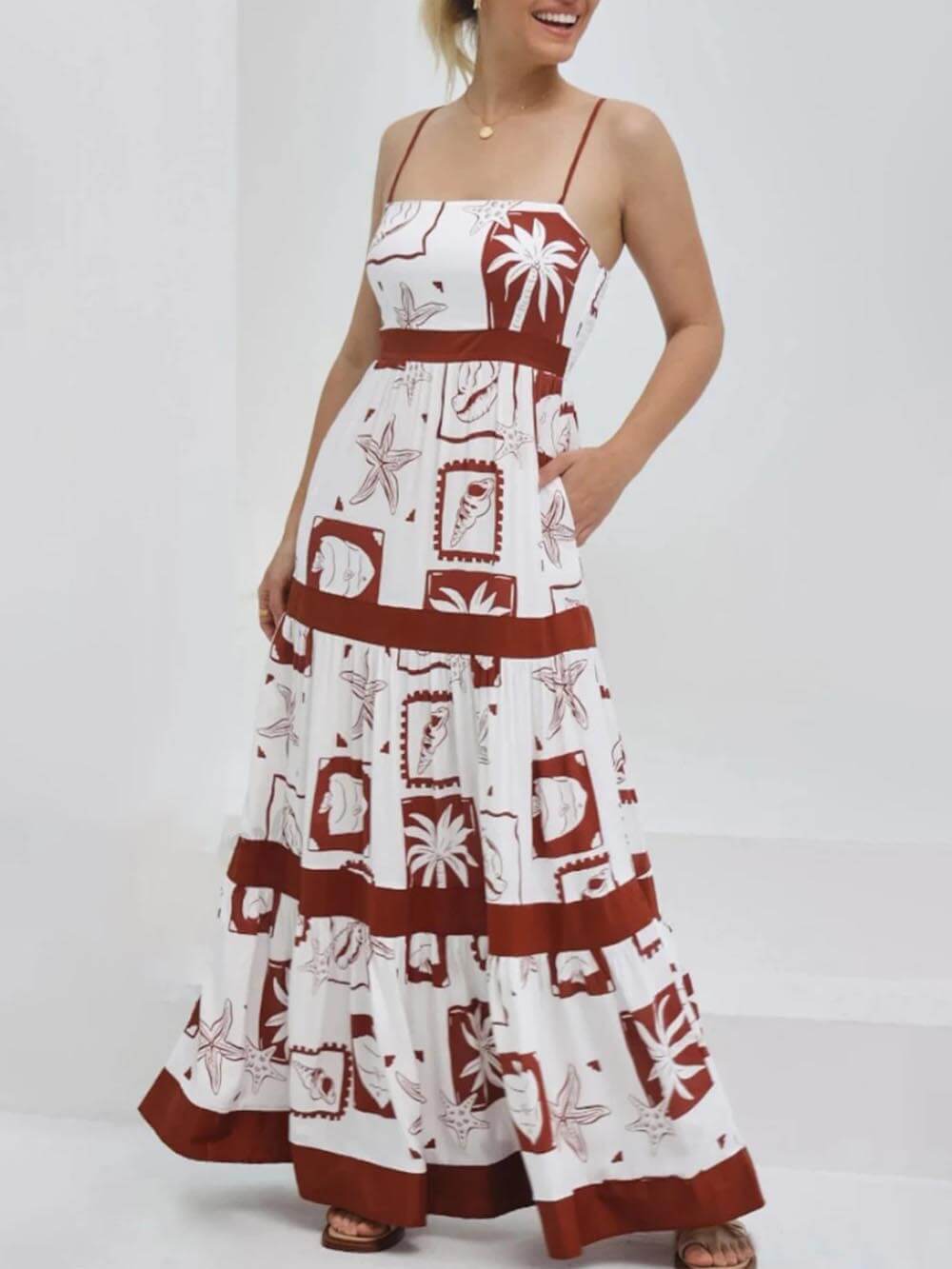 Elegant Ruffled With Floral Print Maxi Dress - Threadford