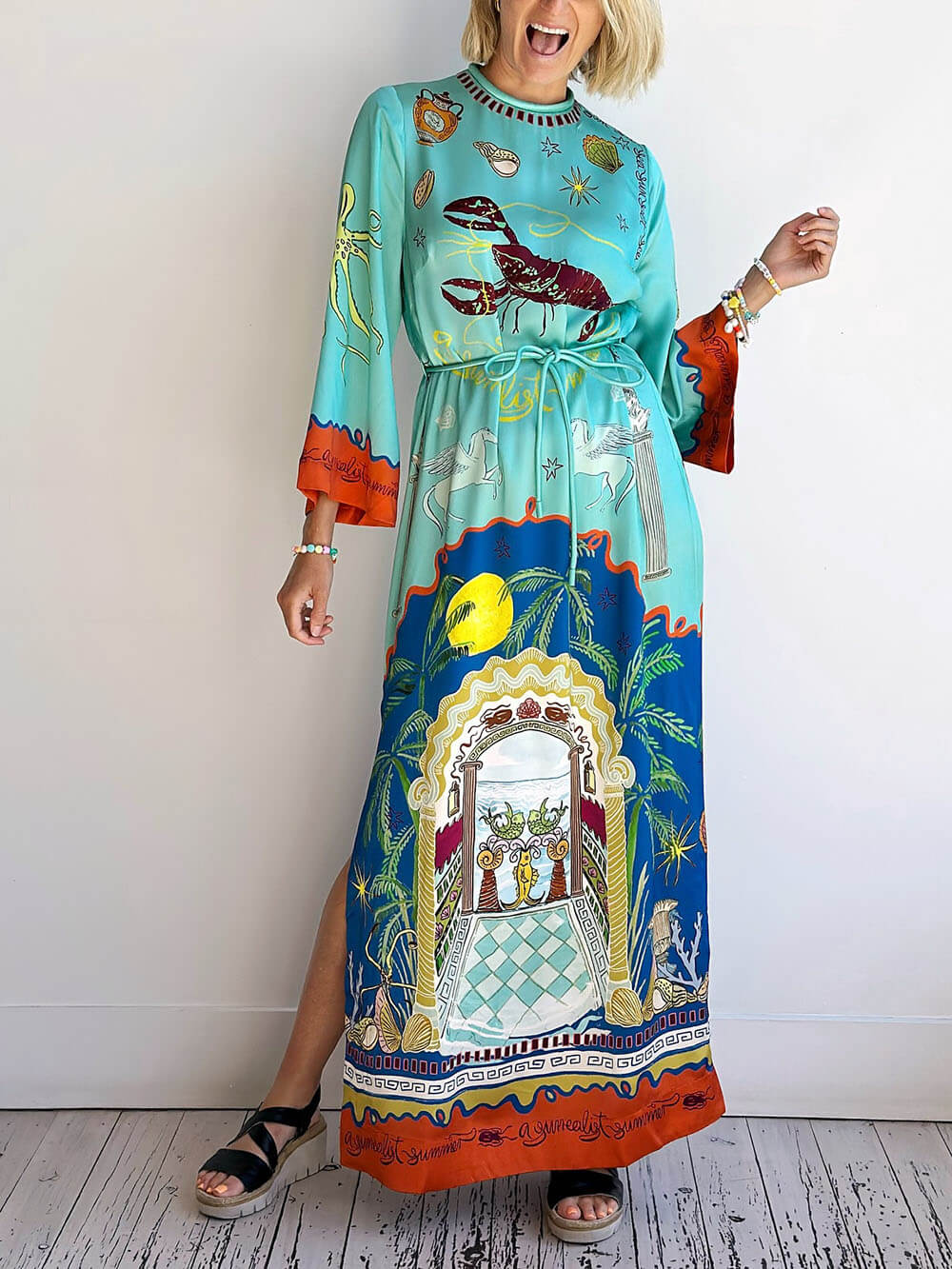 Exquisite Satin Unique Print Long-sleeve Tie-waist Slit Maxi Dress - Threadford
