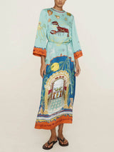 Exquisite Satin Unique Print Long-sleeve Tie-waist Slit Maxi Dress - Threadford