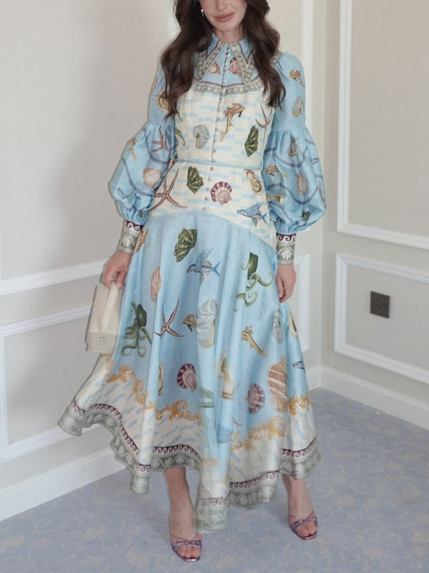 Unique Deep Sea Floral Print Single Breasted Midi Dress - Threadford