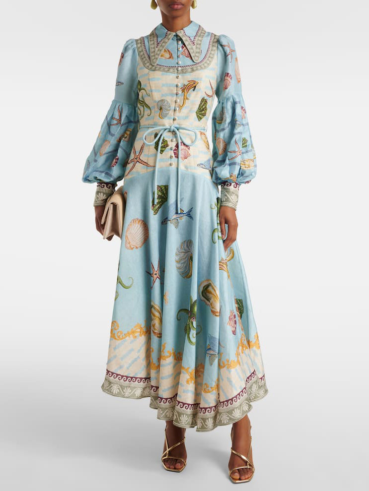 Unique Deep Sea Floral Print Single Breasted Midi Dress - Threadford