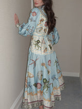 Unique Deep Sea Floral Print Single Breasted Midi Dress - Threadford