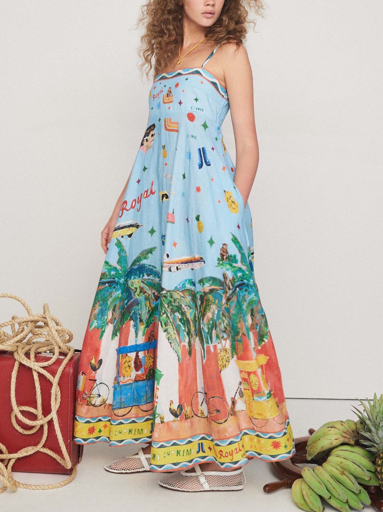 Unique Painted Island Print A-Line Midi Dress - Threadford