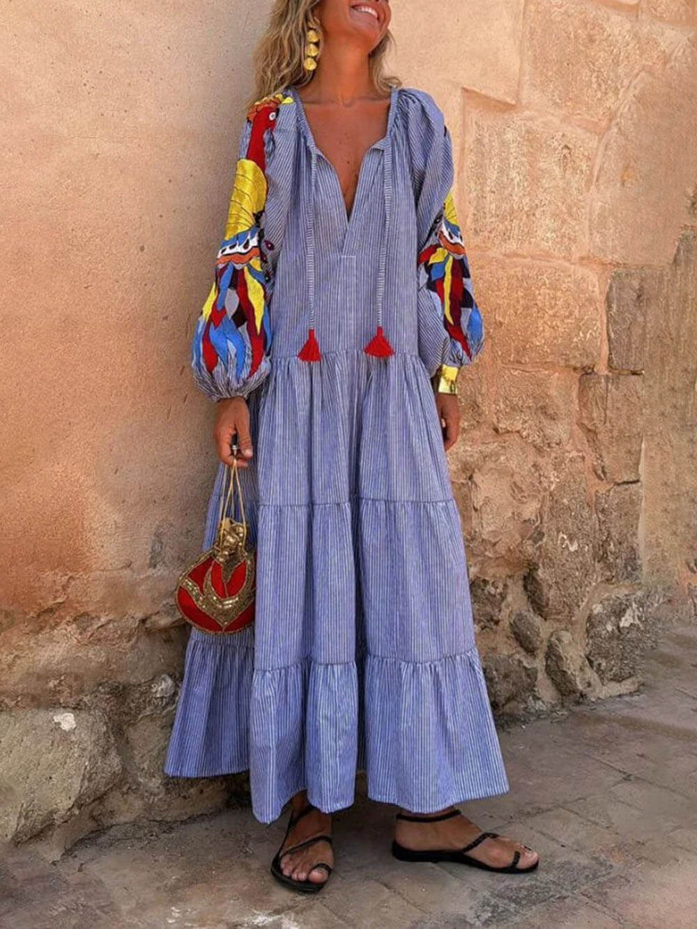 Unique Peacock Pattern Striped Print Deep V Loose Maxi Dress - Threadford