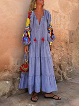 Unique Peacock Pattern Striped Print Deep V Loose Maxi Dress - Threadford
