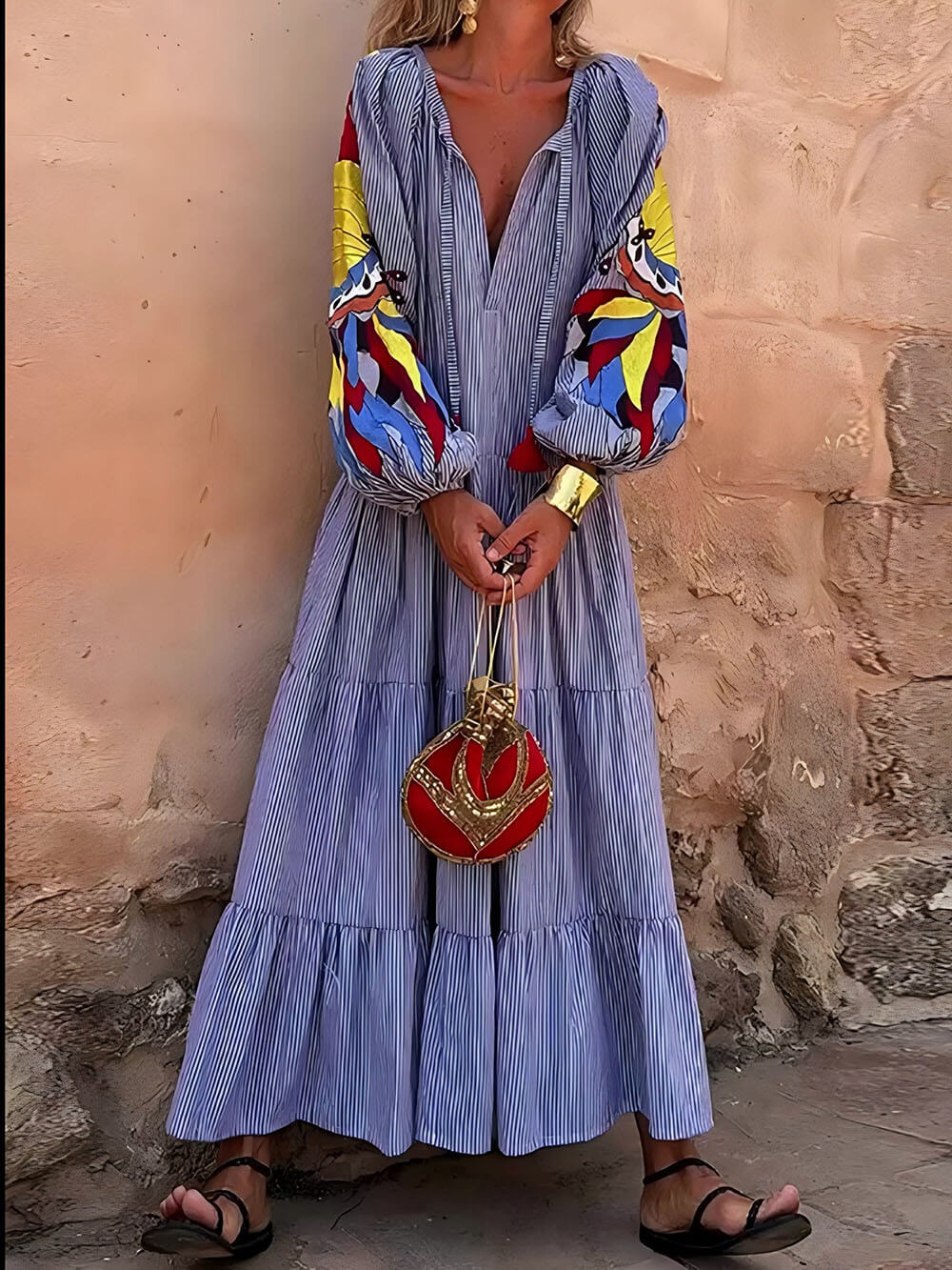 Unique Peacock Pattern Striped Print Deep V Loose Maxi Dress - Threadford