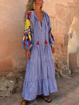 Unique Peacock Pattern Striped Print Deep V Loose Maxi Dress - Threadford
