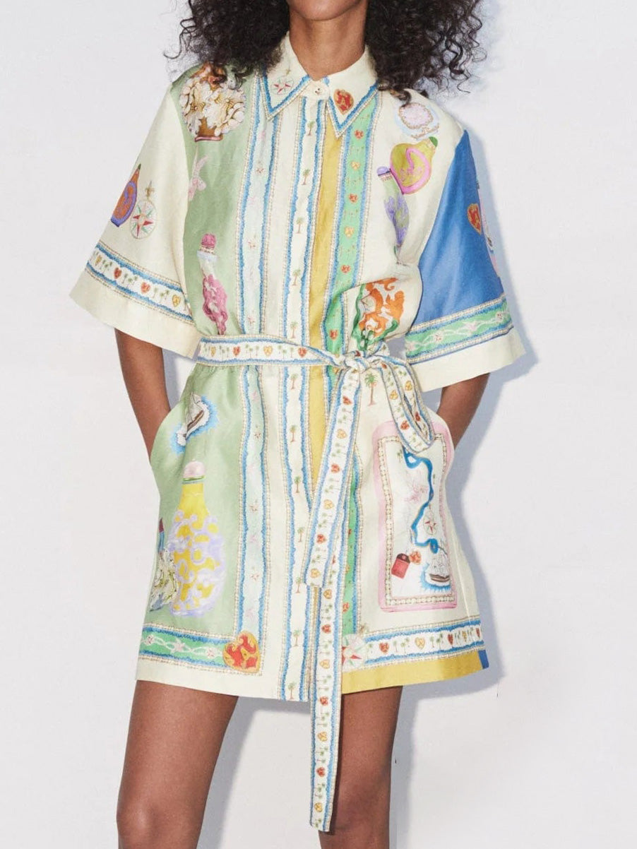 Unique Exquisite Oil Painting Print Lace-Up Cardigan Mini Dress - Threadford