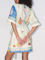Unique Exquisite Oil Painting Print Lace-Up Cardigan Mini Dress - Threadford