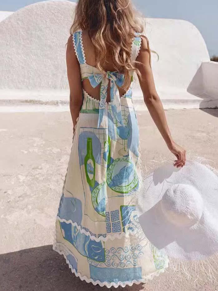 Unique Painted Print Open Back Bow Maxi Dress - Threadford