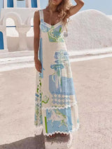 Unique Painted Print Open Back Bow Maxi Dress - Threadford
