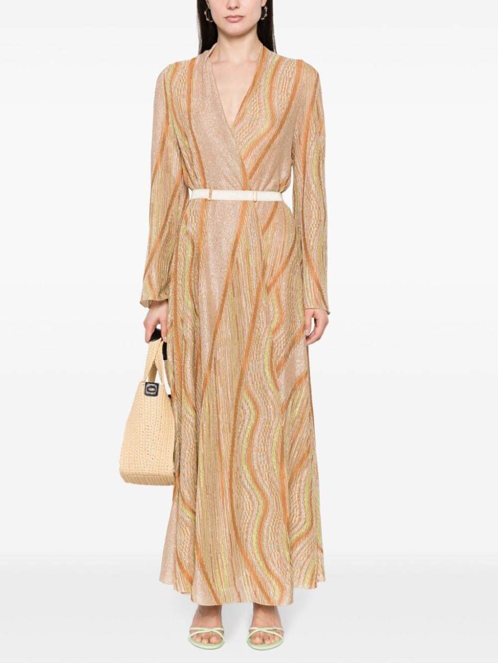 Loose Wave-Striped Printed Cardigan Maxi Dress - Threadford