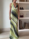 Classic Tie-Dye Gradient Printed Cowl Neck Halter Tie-up Vacation Maxi Dress - Threadford