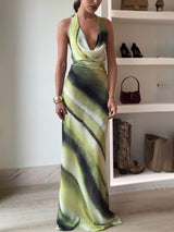 Classic Tie-Dye Gradient Printed Cowl Neck Halter Tie-up Vacation Maxi Dress - Threadford