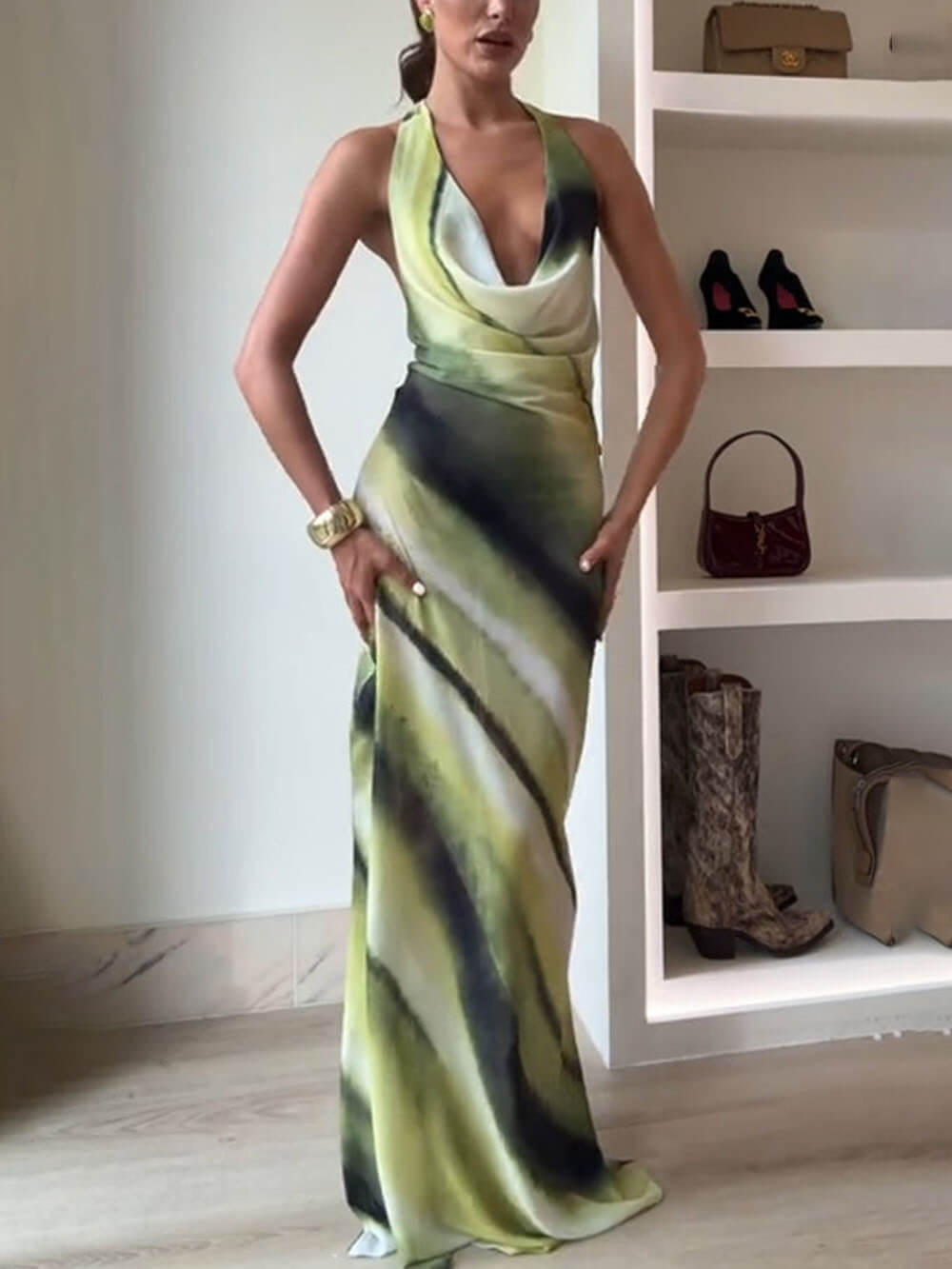 Classic Tie-Dye Gradient Printed Cowl Neck Halter Tie-up Vacation Maxi Dress - Threadford
