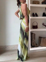 Classic Tie-Dye Gradient Printed Cowl Neck Halter Tie-up Vacation Maxi Dress - Threadford