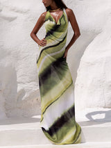 Classic Tie-Dye Gradient Printed Cowl Neck Halter Tie-up Vacation Maxi Dress - Threadford