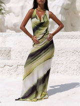 Classic Tie-Dye Gradient Printed Cowl Neck Halter Tie-up Vacation Maxi Dress - Threadford