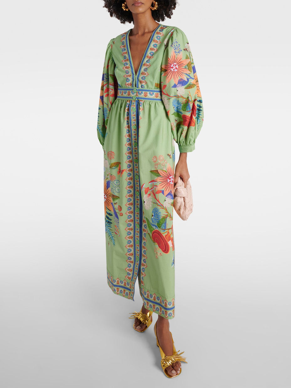 Delicate Floral V-Neck Single Breasted Midi Dress - Threadford
