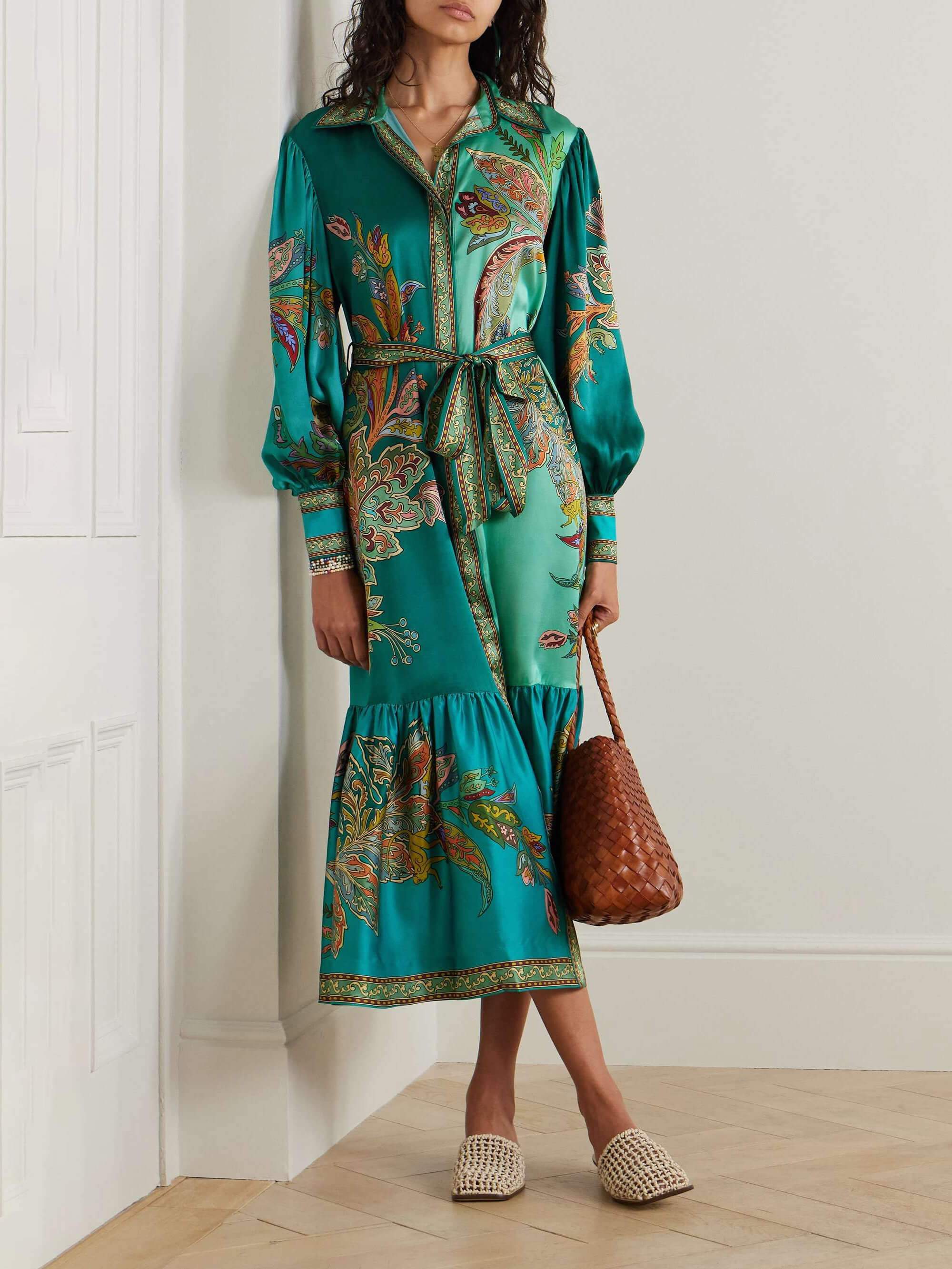 Delicate Satin Floral Print Single Breasted Midi Dress - Threadford