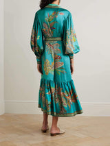 Delicate Satin Floral Print Single Breasted Midi Dress - Threadford