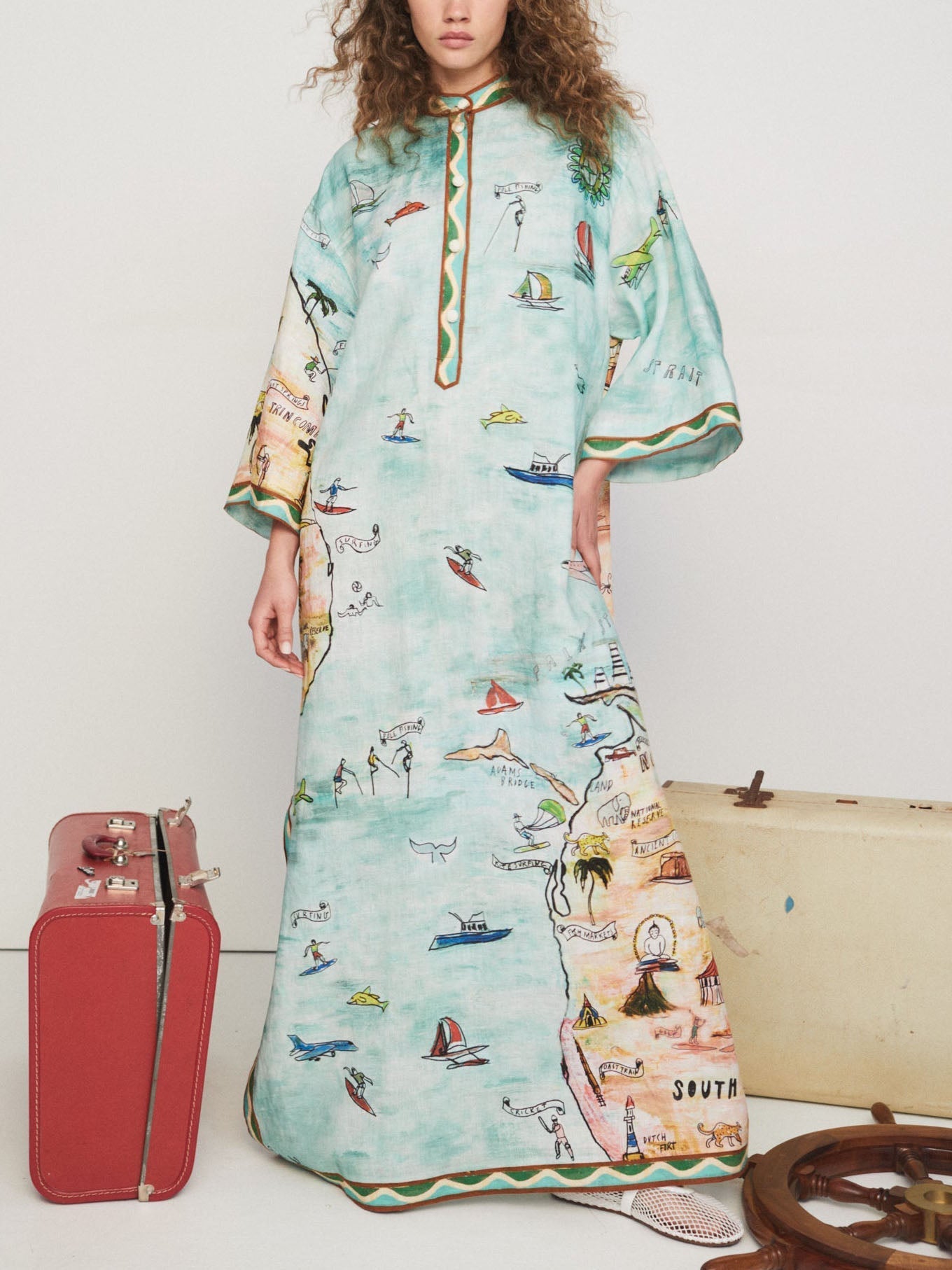 Modern Satin Art Island Print Slit Maxi Dress - Threadford